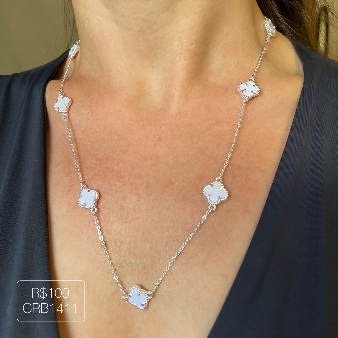 Colar V@n Cleef c/ 7 Pingente P Madre Prateado